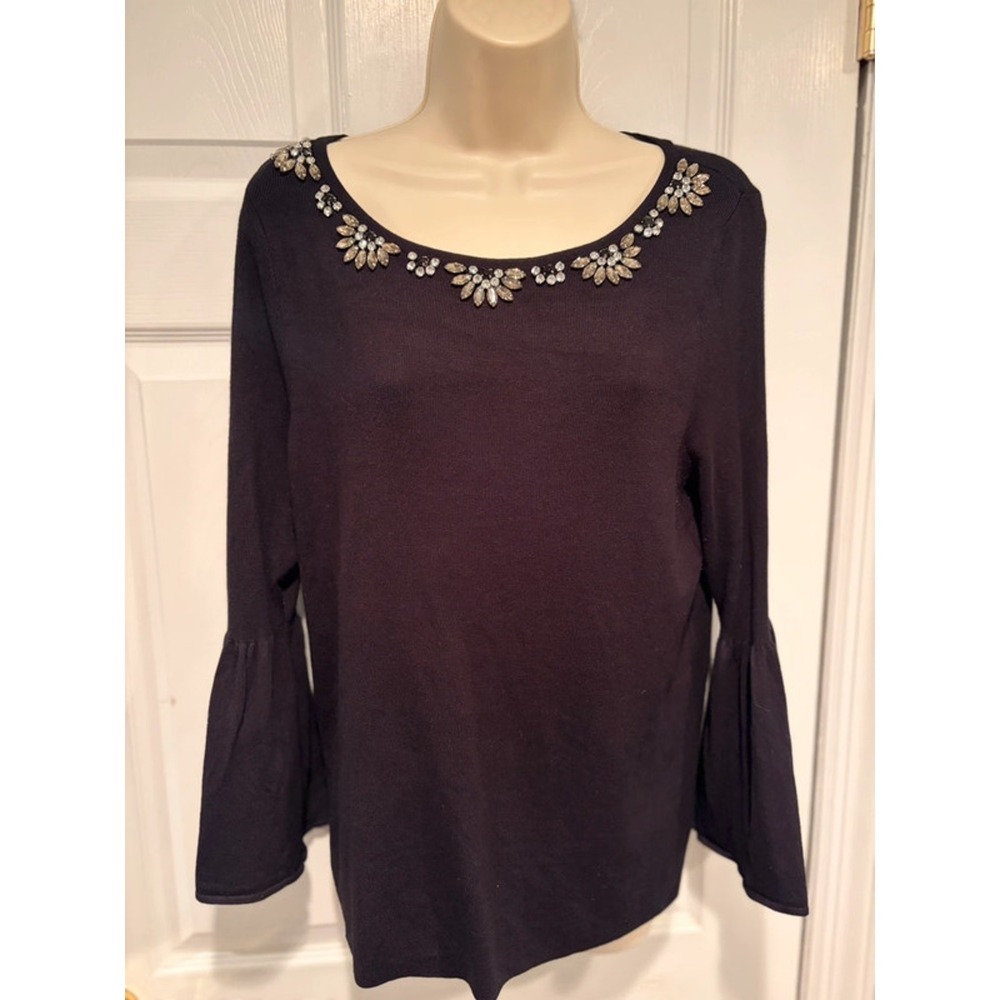 Charter Club Black Embellished Jewel Neck Bell Sleeve Knit Sweater Top L